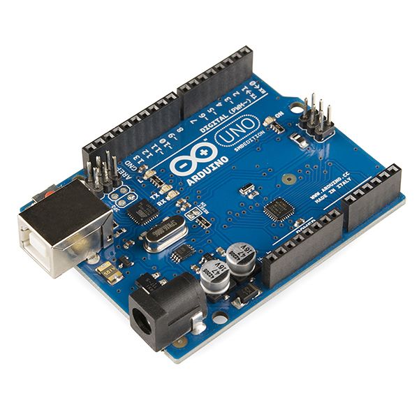 An Arduino Uno R3 board seen from above: the blue circuit board with its black header sockets along both long edges, the silver USB-B socket and black barrel power jack at the left end, and the long ATmega328P chip in its socket at the right