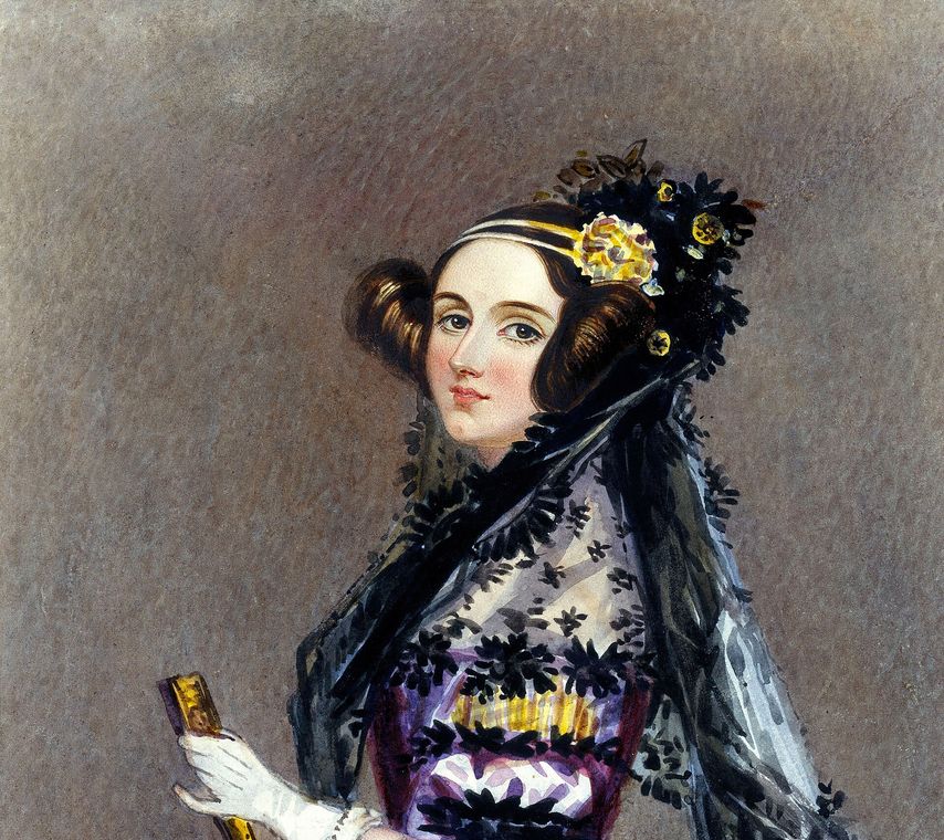 Watercolour portrait of Ada Lovelace in a white evening gown