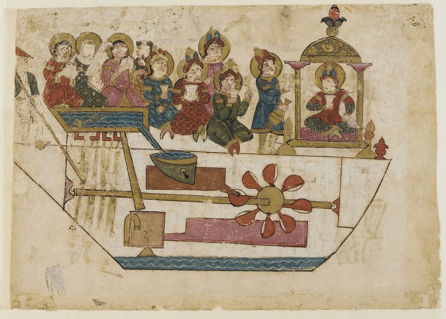 A painted page from al-Jazari's book of mechanical devices showing a boat carrying four automaton musicians