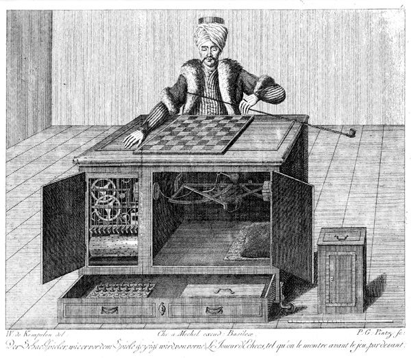 An 18th-century engraving of the Mechanical Turk: a robed figure seated behind a wooden cabinet with a chessboard on top