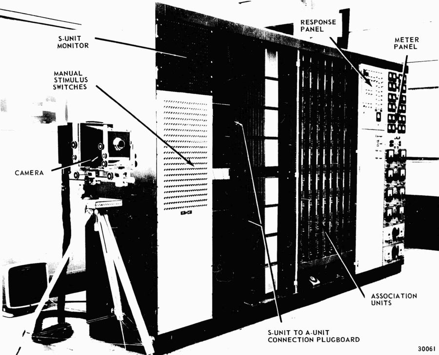 The Mark I Perceptron, a large cabinet covered in patch-board wiring, from its operator's manual