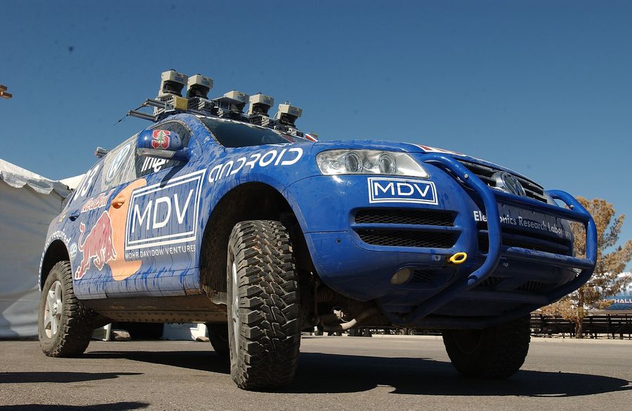 Stanford's driverless car Stanley, a blue Volkswagen Touareg with sensors on its roof