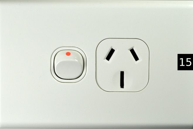 An Australian 15 amp power point, with its longer earth slot