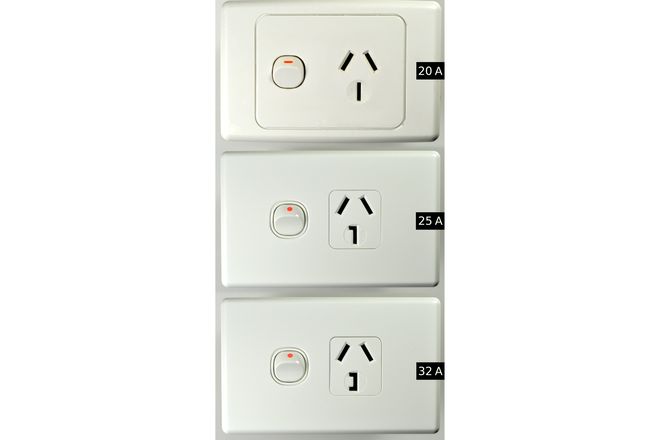 Australian 20, 25 and 32 amp power points, each with a differently shaped earth slot