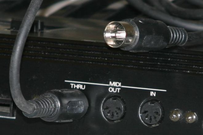 MIDI Thru, Out and In sockets with a five-pin DIN plug