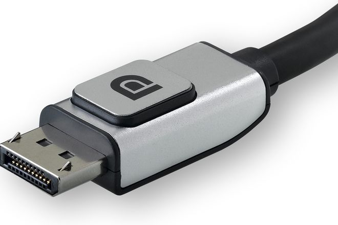 A DisplayPort plug with its latch button
