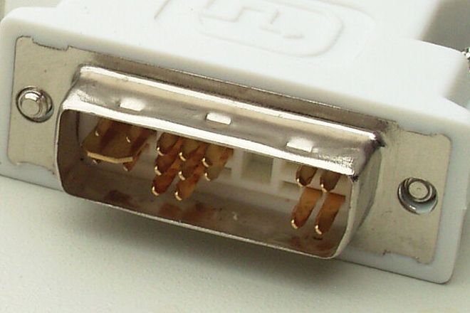 A DVI-A plug on a DVI to VGA adapter
