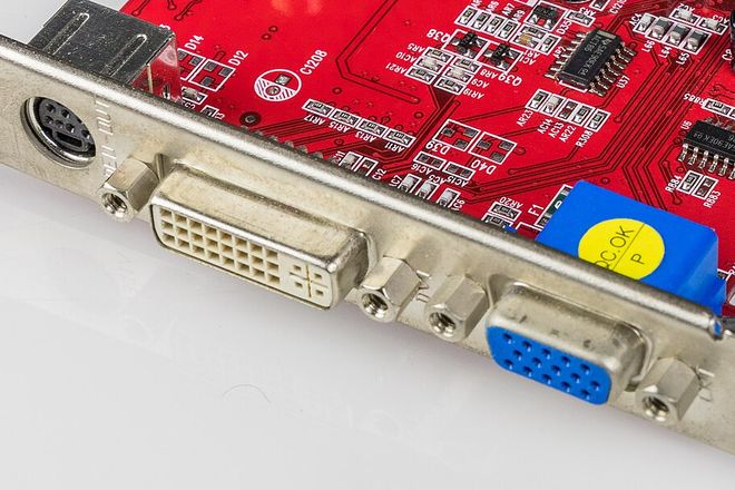 A graphics card bracket with S-Video, DVI-I and VGA sockets