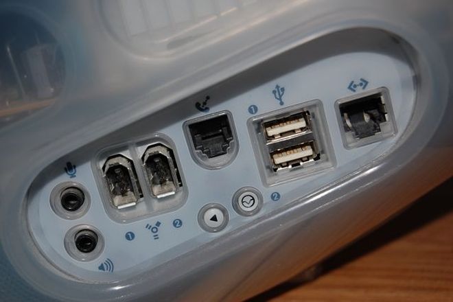 The port panel of an iMac G3, including two FireWire 400 ports