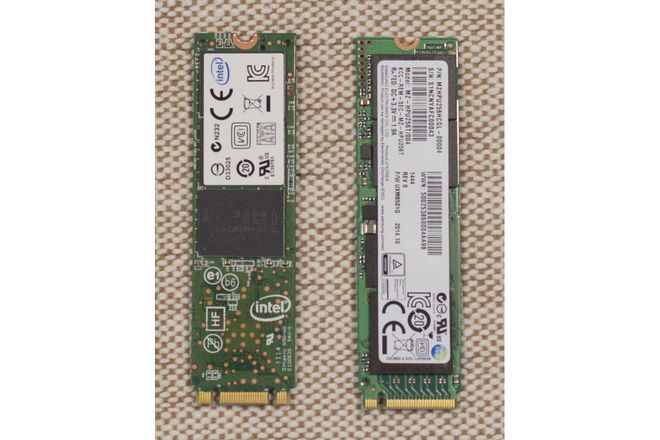 An M.2 SATA drive and an M.2 NVMe drive side by side