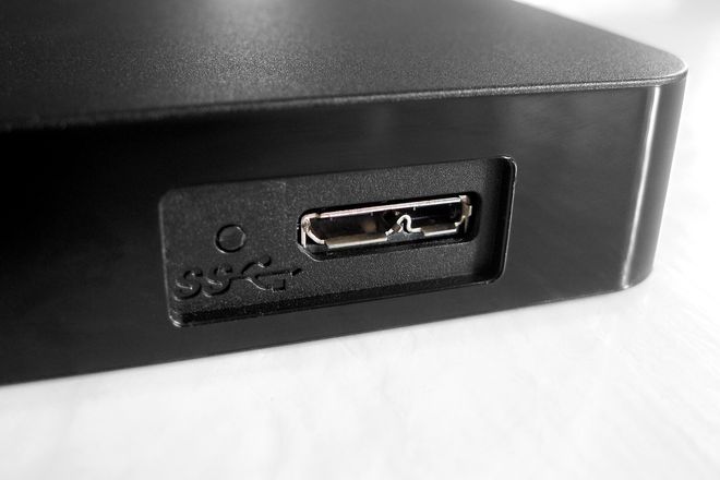 A USB 3.0 Micro-B port on a portable hard drive
