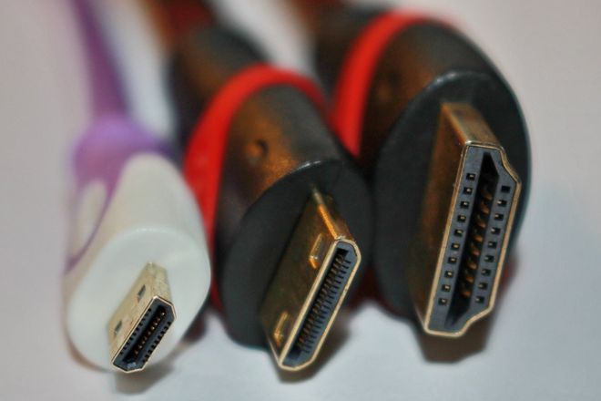 Micro, Mini and full-size HDMI plugs side by side