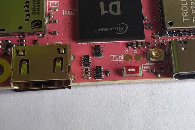 A Mini HDMI socket, left, beside two USB-C sockets on a small computer board