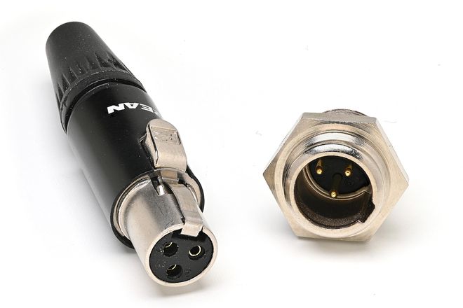 A mini XLR cable connector and panel socket