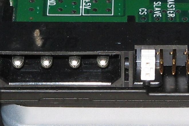 The four-pin Molex power inlet on the back of an IDE hard drive