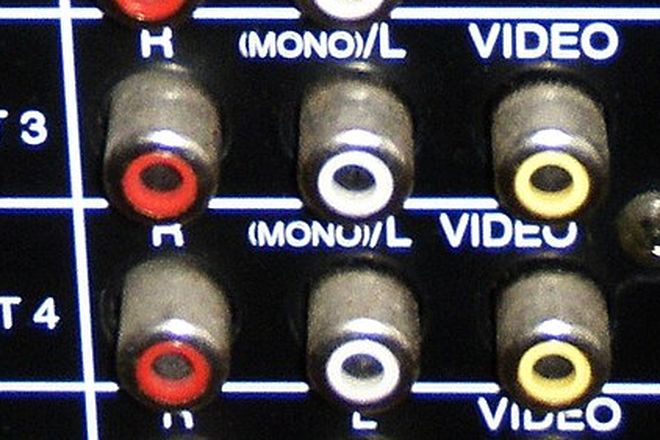 Red, white and yellow RCA input sockets on the back of a television: right audio, left audio and video