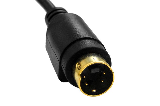 An S-Video plug showing its four pins and rectangular key