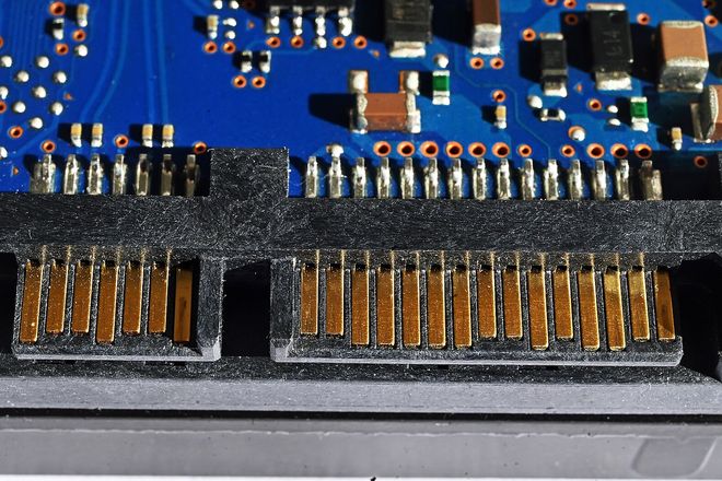 The SATA data and power connectors on the back of a hard drive