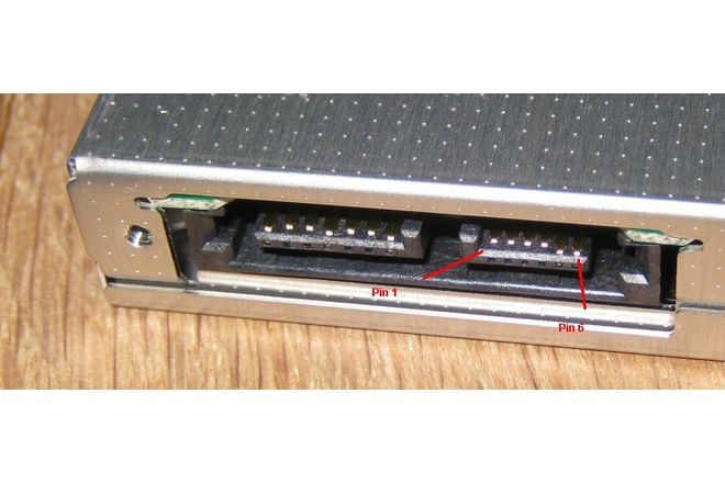 The slimline SATA connector on the back of a laptop optical drive