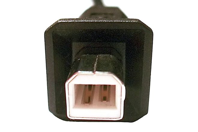A USB-B plug seen end-on: a square opening with two bevelled corners