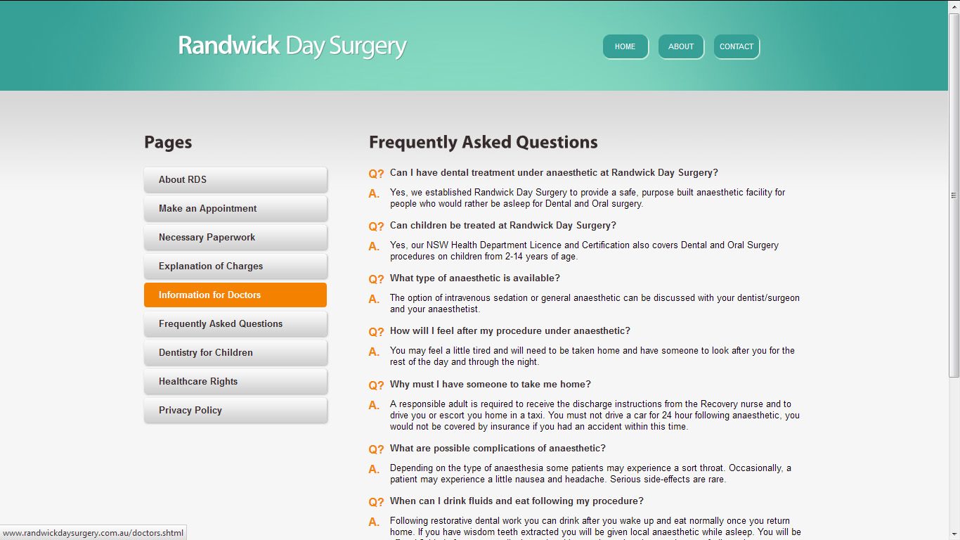 Archived Randwick Day Surgery website FAQ page, with a left-hand page navigation and a Q&A list on the right.