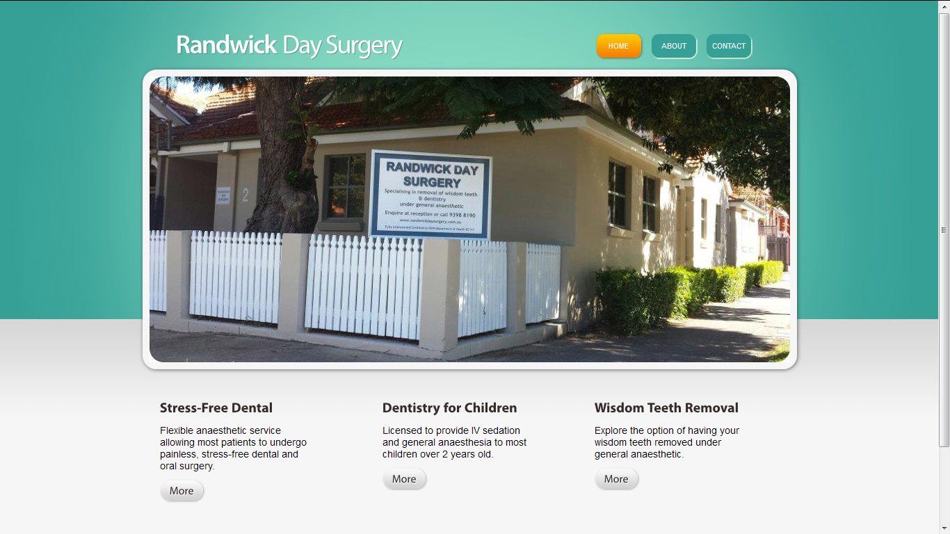 Archived Randwick Day Surgery website homepage, featuring the practice signage and a 3-card row of service summaries below.