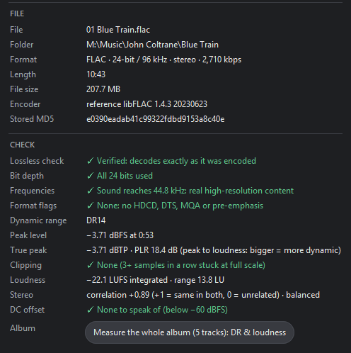 Ironbark&rsquo;s file check on a 24-bit / 96 kHz FLAC file: verified, decodes exactly as it was encoded; all 24 bits used; sound reaches 44.8 kHz, real high-resolution content; no clipping; dynamic range DR14
