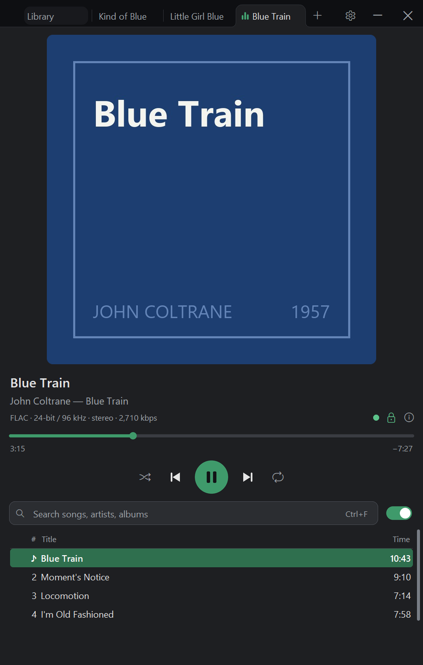Ironbark in the dark theme playing John Coltrane&rsquo;s Blue Train: the album cover, the song&rsquo;s format (FLAC, 24-bit / 96 kHz), a green bit-perfect status dot, the play controls and the album&rsquo;s track list