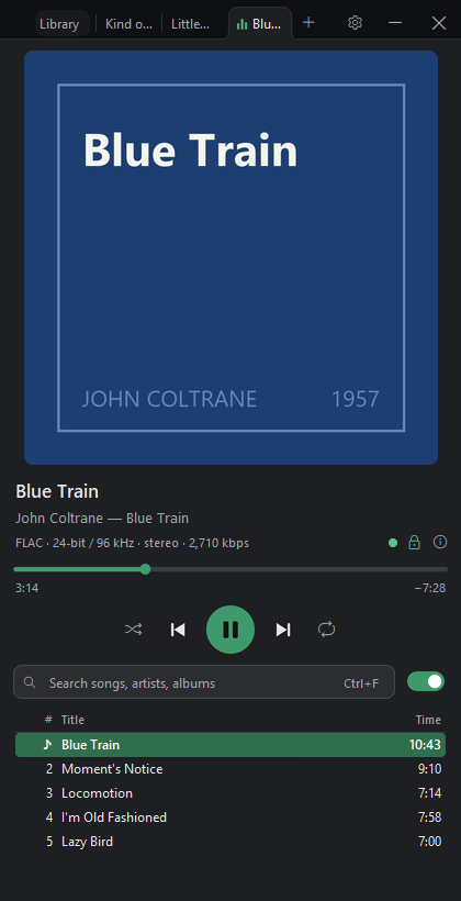 Ironbark in the dark theme as a narrow window, playing Blue Train