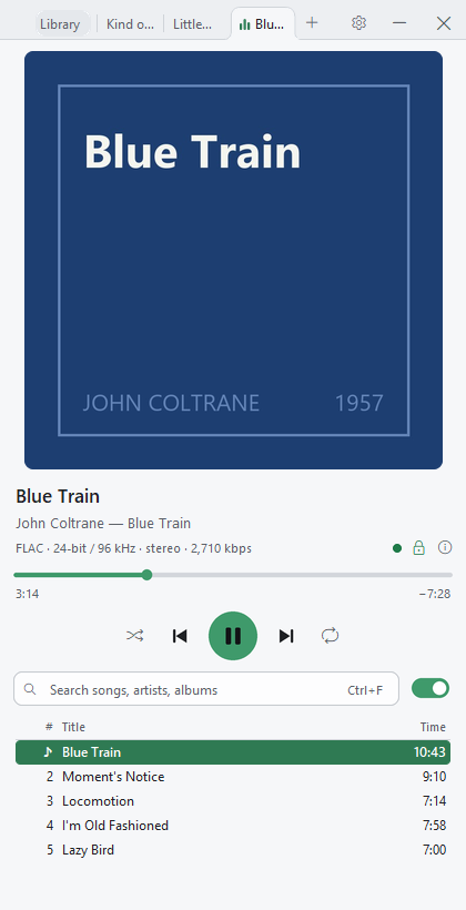 Ironbark in the light theme as a narrow window, playing Blue Train