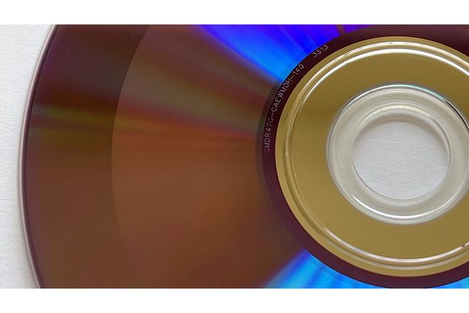 The purple-tinted data side of a recordable DVD-R