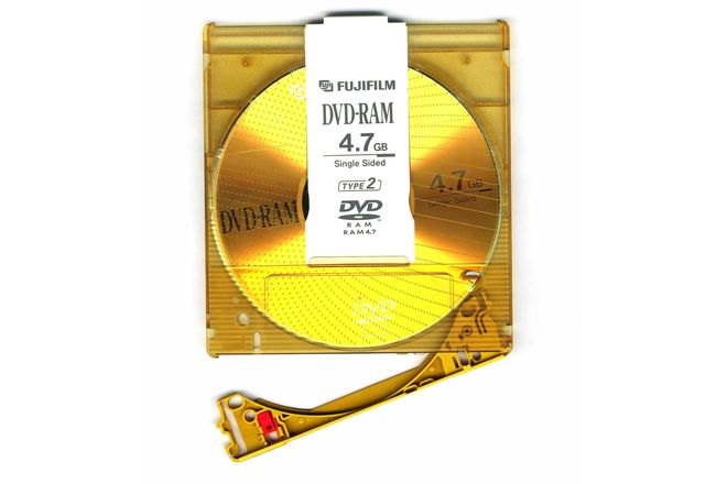 A Fujifilm DVD-RAM disc in its plastic cartridge