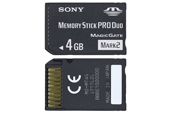 A Sony Memory Stick PRO Duo, the shorter later size