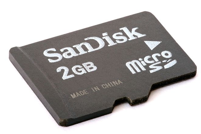 A SanDisk 2 GB microSD card