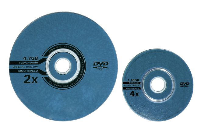 A standard 12 cm DVD beside a small 8 cm camcorder DVD